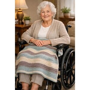 Handmade Crochet Lap Throw Blanket 36x40 Neutral Aqua Cream Gray Soft Cozy‎